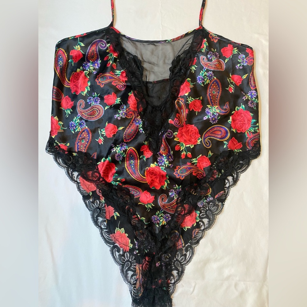 Vtg 90s Delicates Rose Floral Satin Bodysuit w/ Lace Panels + Trim